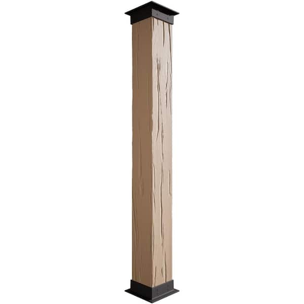 Ekena Millwork 8 in. x 4 ft. River Wood Endurathane Faux Wood Non-Tapered Square Column Wrap with Faux Iron Capital and Base