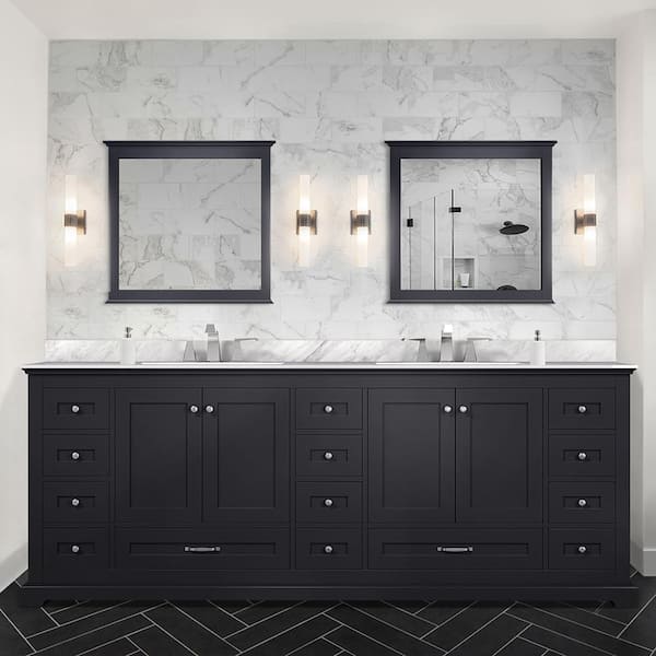 Lexora Dukes 84 in. W x 22 in. D Espresso Double Bath Vanity, Carrara Marble Top, and 34 in. Mirrors