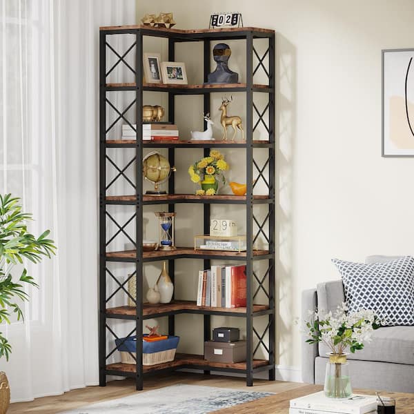 Eulas 78 in. Tall Rustic Brown Engineered Wood 7-Shelf Corner Bookcase, Large Corner Bookshelf Storage Display Rack