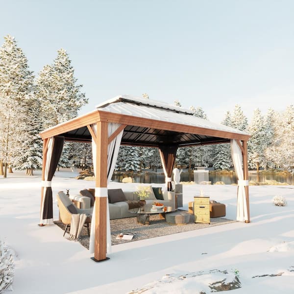 12 ft. x 16 ft. Aluminum Outdoor Double Galvanized Steel Roof Gazebo with Ceiling Hook, Mosquito Netting and Curtains