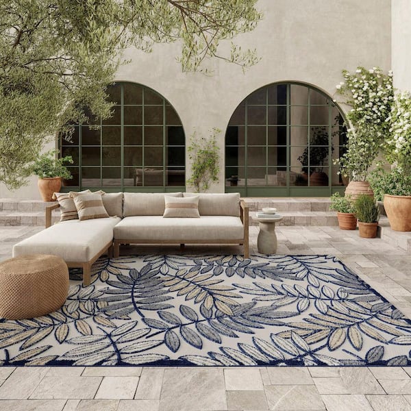 Aloha Ivory/Navy 9' x 12' Floral Modern Indoor/Outdoor Area Rug