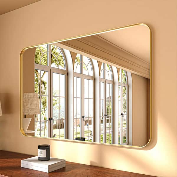 ORGANNICE 48 in. W x 32 in. H Rectangular Aluminum Framed Modern Gold Rounded Wall Mirror