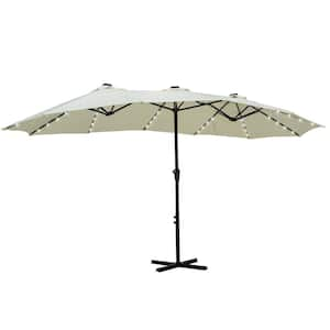 15 ft. Market Double-Sided Crank Rectangle Patio Umbrella with Solar LED Lighted in White