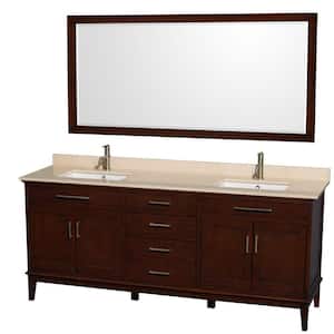 Hatton 80 in. Vanity in Dark Chestnut with Marble Vanity Top in Ivory, Square Sink and 70 in. Mirror