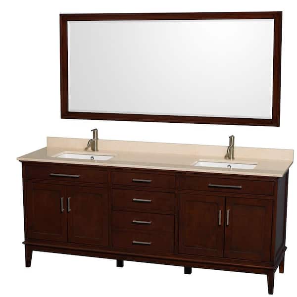 Wyndham Collection Hatton 80 in. Vanity in Dark Chestnut with Marble Vanity Top in Ivory, Square Sink and 70 in. Mirror