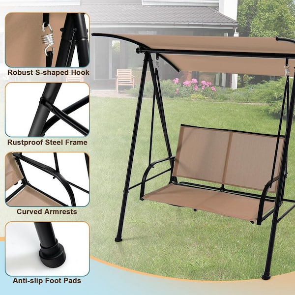 ANGELES HOME 2 Person Heavy duty Metal Frame Outdoor Patio Swing Adjustable and Convertible Canopy with Comfortable Fabric Seat Beige 8CK10NP403BE The Home Depot