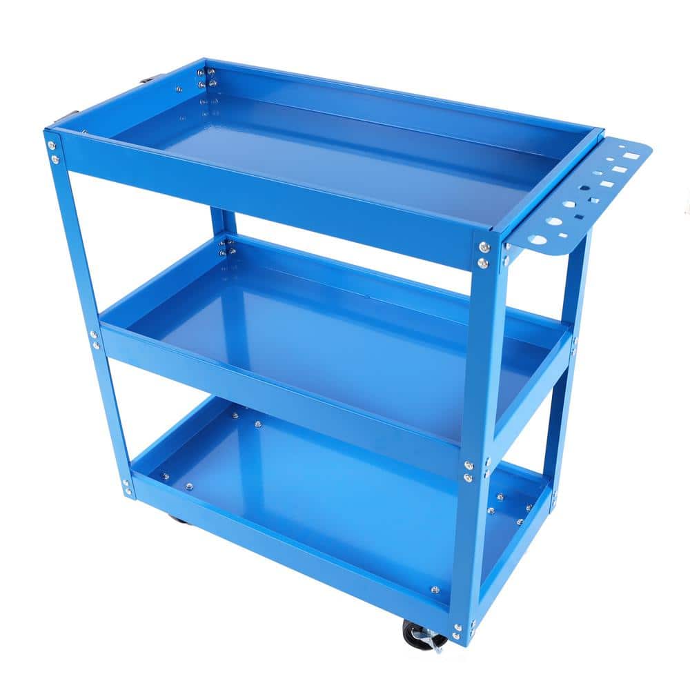 Blue 3-Tier Heavy Duty Steel Utility Cart with Lockable Wheels