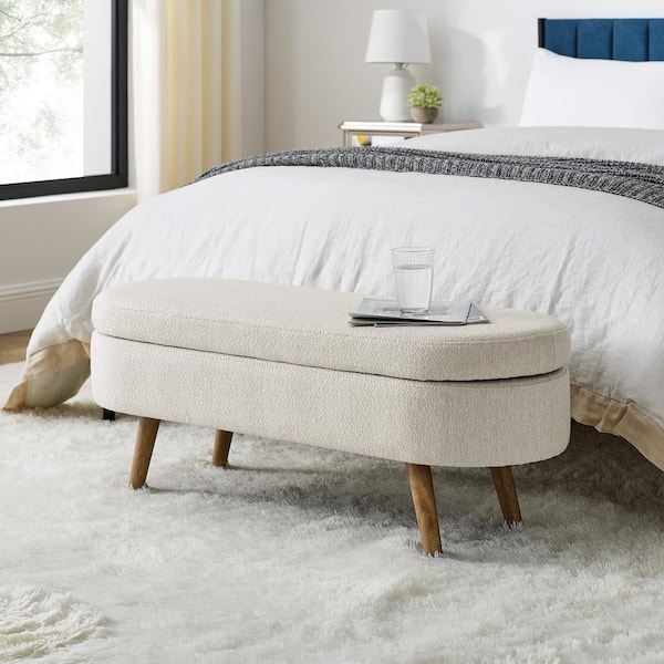Noble House Carla Beige Modern Linen Upholstered Oval Storage Ottoman Bench, Rubberwood Legs