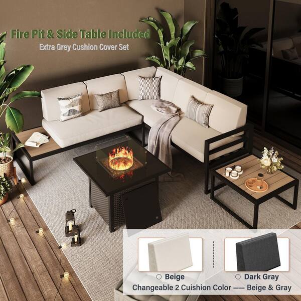 5-Piece Aluminum Patio Conversation Seating Set with Side Table, Coffee Table, Beige Cushions and Firepit