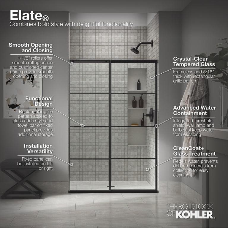 Elate Tall Frameless Sliding Shower Door with Black Hardware