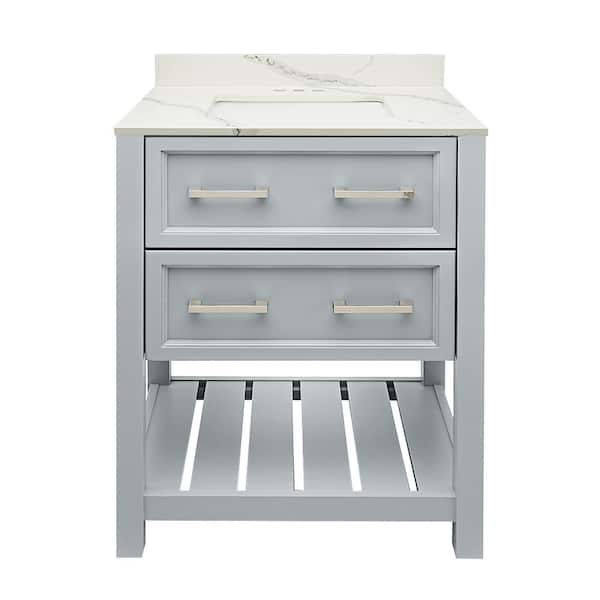 Ella Tremblant 25 in. W x 19 in. D x 36 in. H Bath Vanity in Gray with Quartz Stone Calacatta White Top with White Basin
