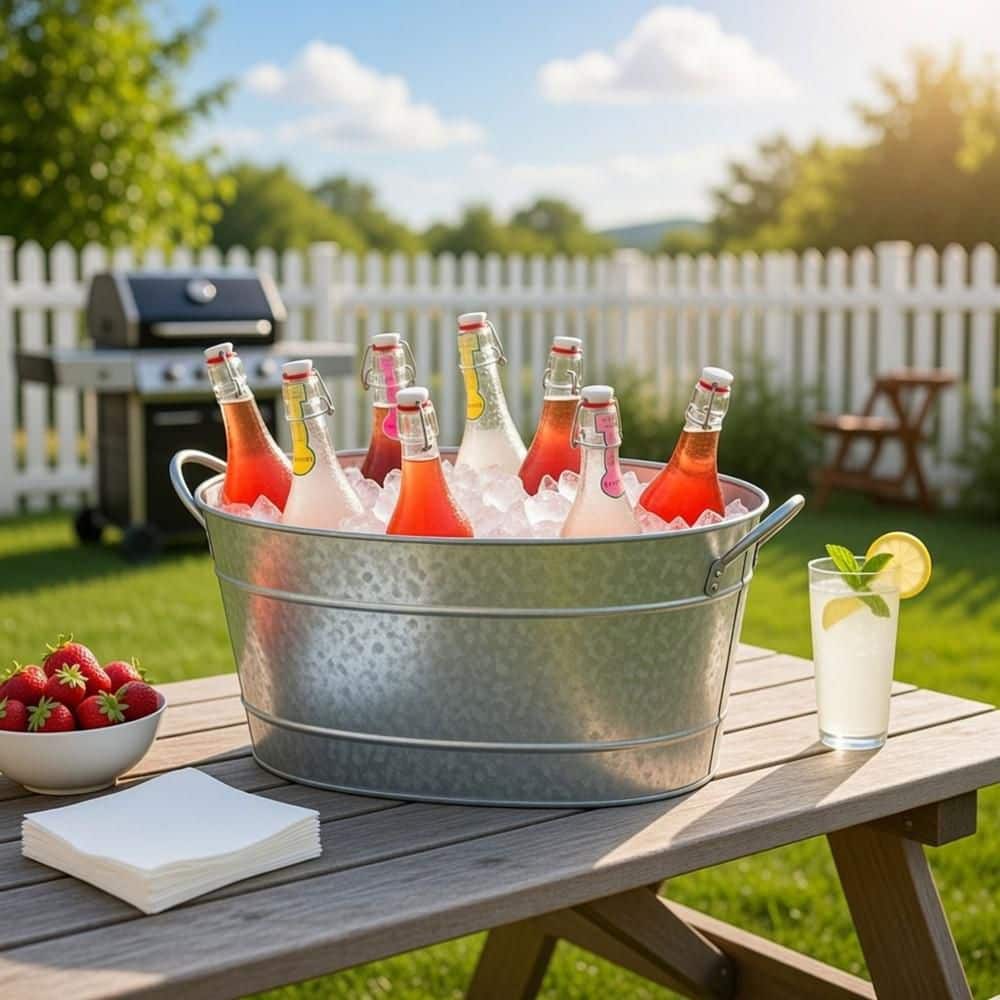 Benjara Lola Galvanized Antique Silver Steel Gray Beverage Tub with 2 Handles I457-AMC0001