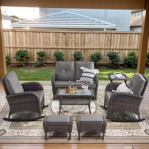 Opohoro Brown 7-Piece Wicker Patio Conversation Set with Rocking Chairs, Outdoor Loveseat Seating Set with Gray Cushions