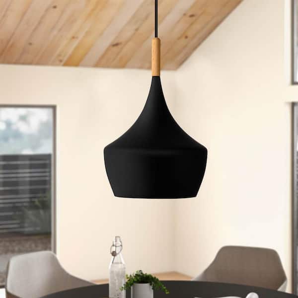 YANSUN 1-Light Industrial Farmhouse Matte Black Hanging Kitchen Island Pendant Light with Metal Dome Shade