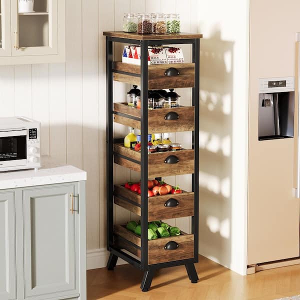Keenyah Brown 5+-Shelf Wood 11.81 in. W Baker's Rack, 5-Tier Snack Stand Pull-Out Organizer for Kitchen Living Room
