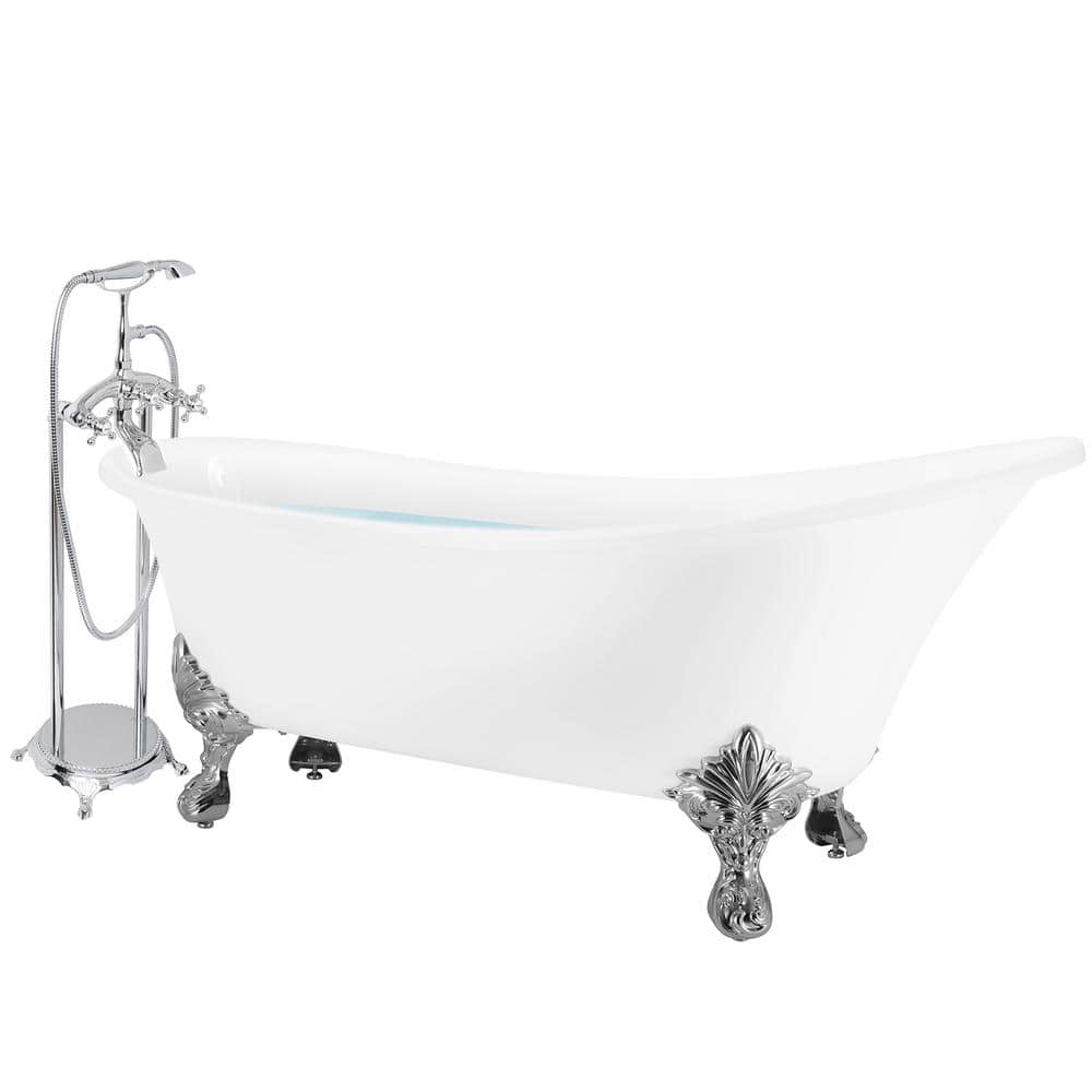 Glossy White Acrylic Clawfoot Freestanding Bathtub with Faucet