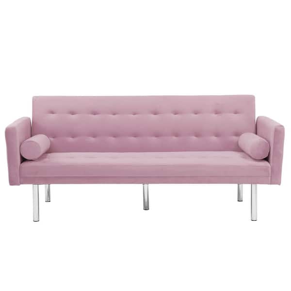 Z-joyee 68.5 in. Pink Velvet Twin Sleeper Size Square Arm Sofa Bed