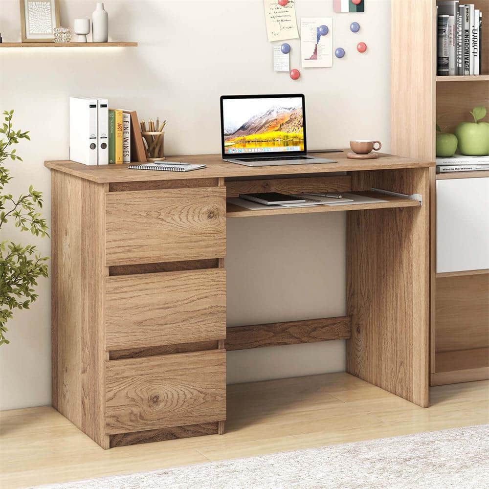Natural wood 3-drawer desk with keyboard tray and storage.