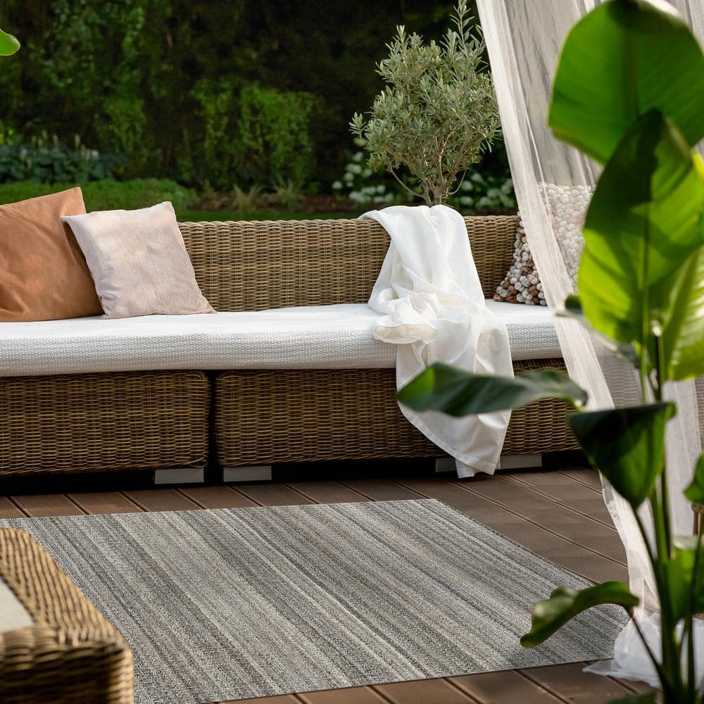 Atlantic Striped Gray and Brown Hand-Woven Outdoor Rug, 4' x 6'