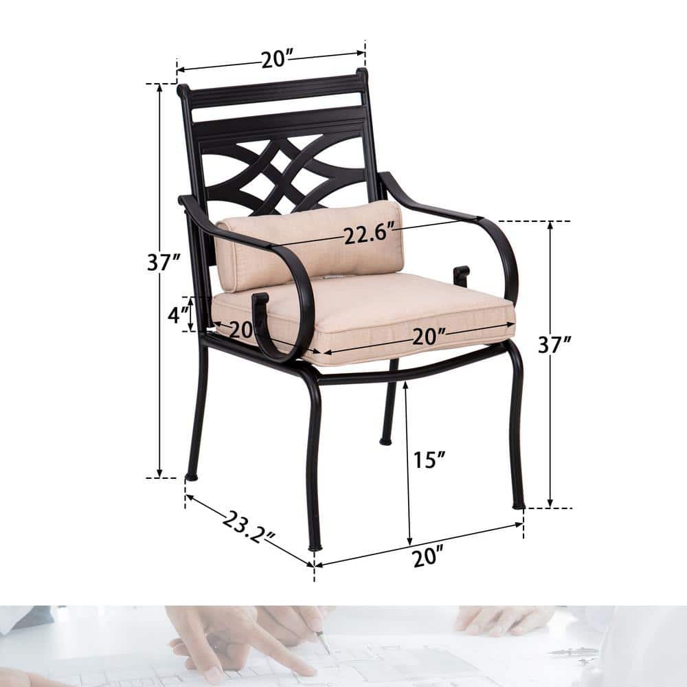 Black Steel Arm Dining Chairs with Beige Cushions, Set of Two
