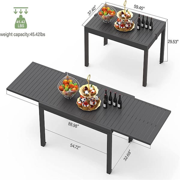 Black Rectangular Aluminum Outdoor Dining Table Large Extendable Patio Dining Table
