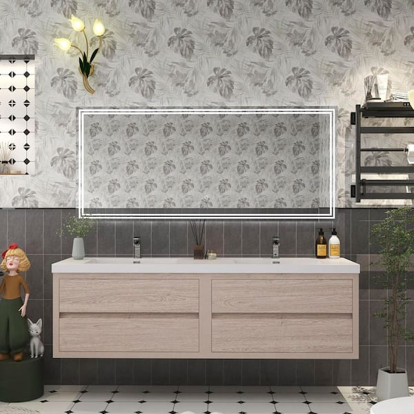 BV Better Vanity Louis 71 in. W x 20 in. D x 22 in. H Double Sink Floating Bath Vanity in Pink Wood with White Acrylic Top