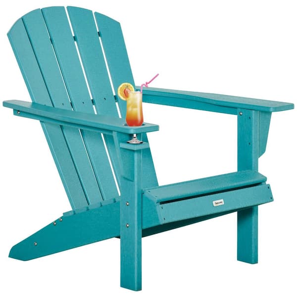 Zeus & Ruta Light Blue HDPE All-Weather Outdoor Adirondack Chair with Cup Holder Set of 1 for Backyard, Deck, Lawn, Garden