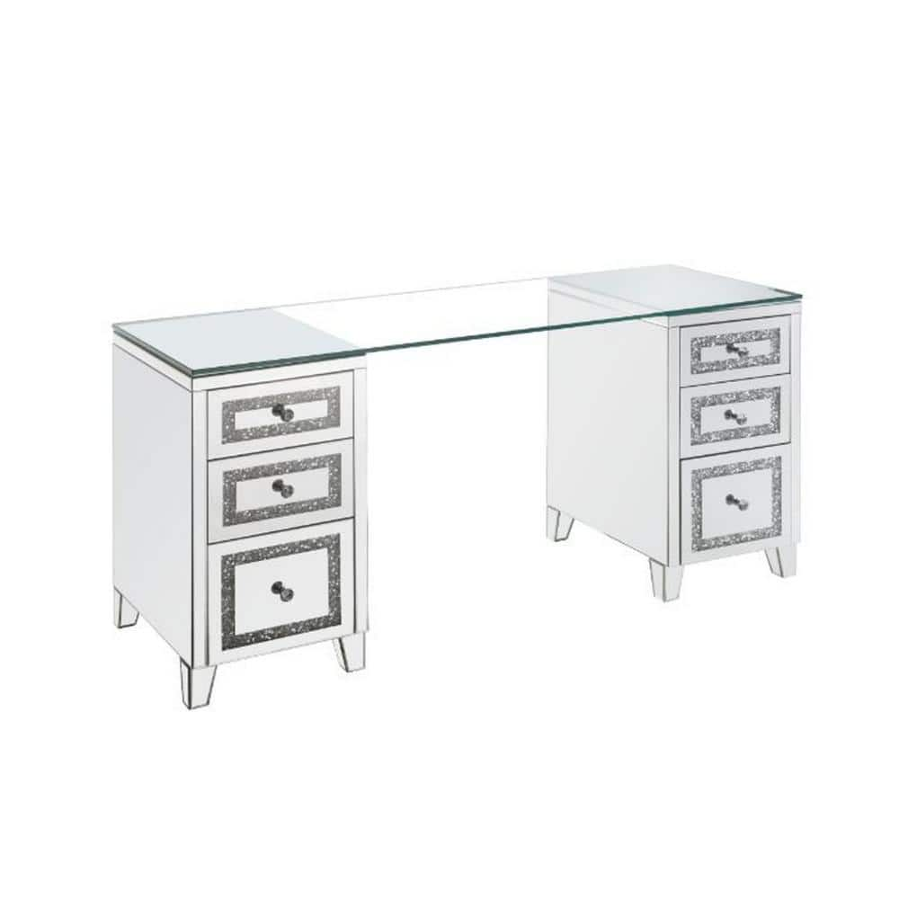 Benjara 63 In. Rectangular Silver Glass Top 6-Drawer Writing Desk With ...