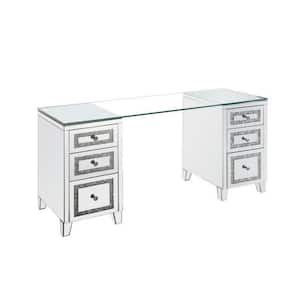 63 in. Rectangular Silver Glass Top 6-Drawer Writing Desk with Mirrored Frame