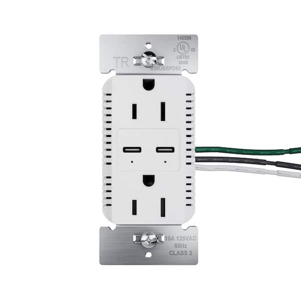 radiant 15A Tamper Resistant 65W Power Delivery USB Type C Duplex Outlet White