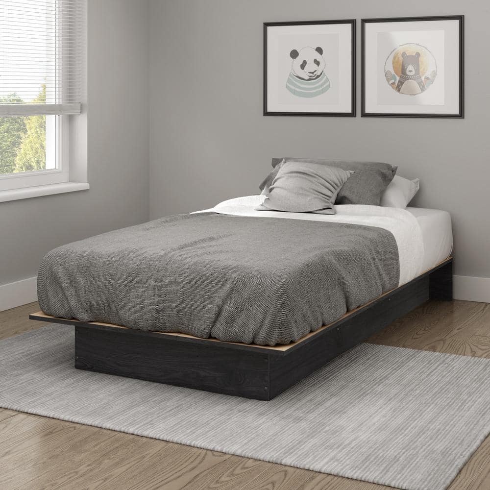 Gray Oak Twin Platform Bed with Drawer and Slats