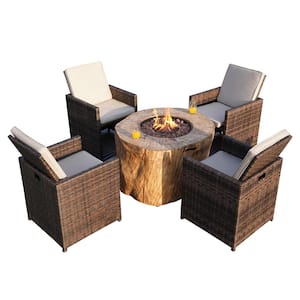 Orabelle 5-Piece Wicker Patio Conversation Set with Fire Pit and Beige Cushions