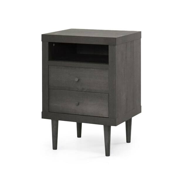 Gray 2-Drawer Mid-Century Nightstand with Shelf (Faux Wood), for Bedroom Storage, End Table for Living Room