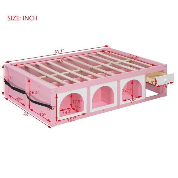 Pink+White Full Size Wooden Platform Bed with Bookshelf, Display