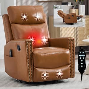 Light Caramel Genuine Leather Manual Swivel Recliner Rocker Chair with Massage and Heat, Nailhead Trim, Side Pocket