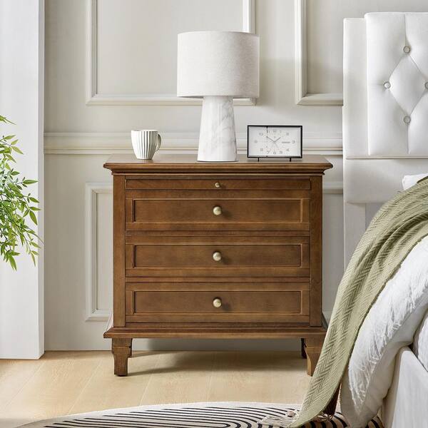 Julia Walnut 27 in. H Traditional 3-Drawer Solid Wood Legs Nightstand with Charging Station