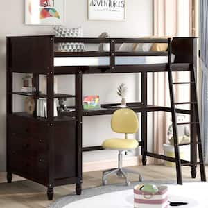 Twin size Loft Bed with Drawers and Desk, Wooden Loft Bed with Shelves-Espresso