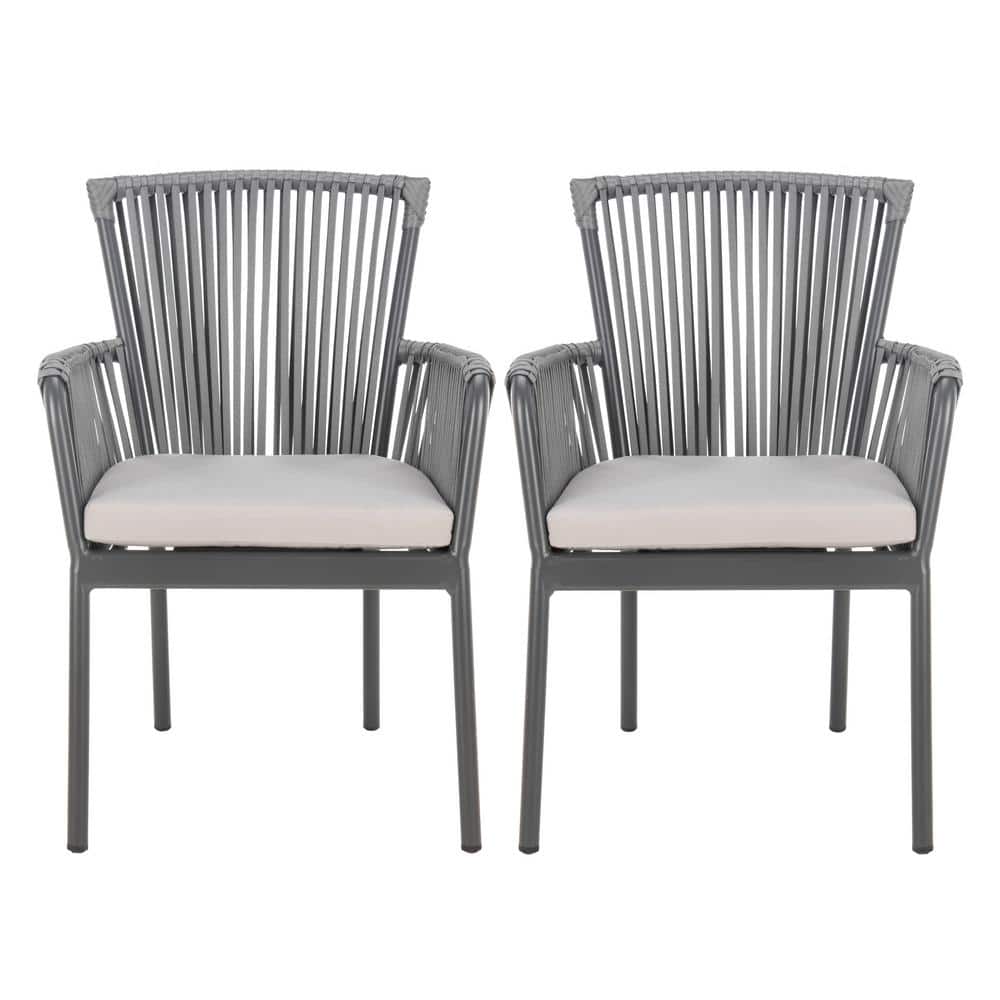 Gray Rope Arm Dining Chair with Cushions, Set of 2