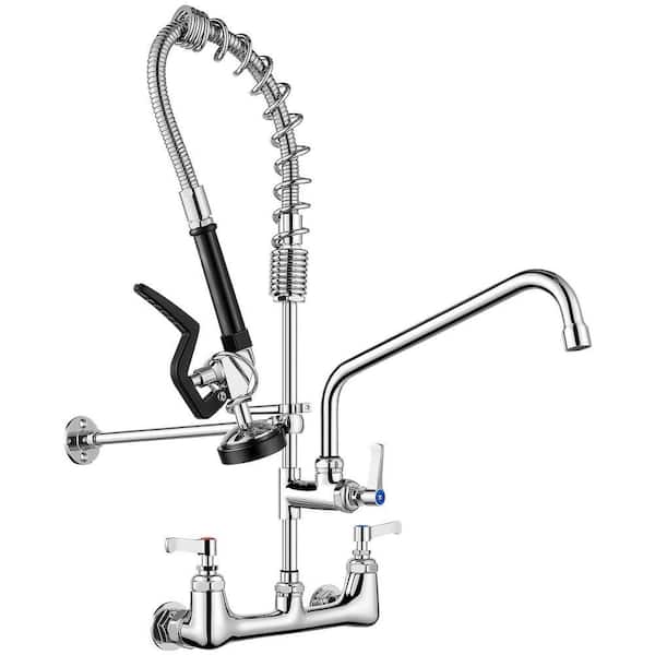 Commercial Double Handle Pull Down Sprayer Kitchen Faucet Wall Mount Pre-Rinse Spray Utility in Polished Chrome