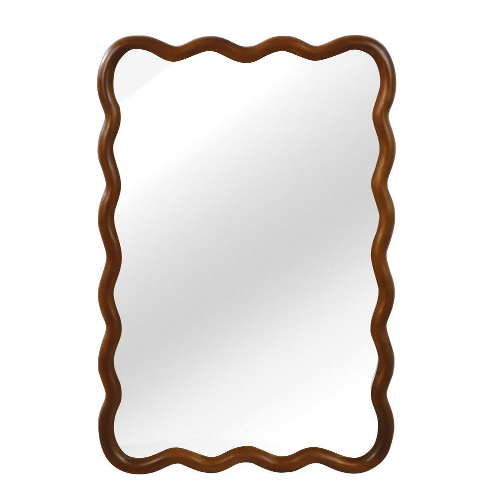 24 in.W × 36 in.H Dark Walnut Wavy-Edged Rectangle Mirror, Solid Wood Frame Wall-Mounted Decorative Mirror