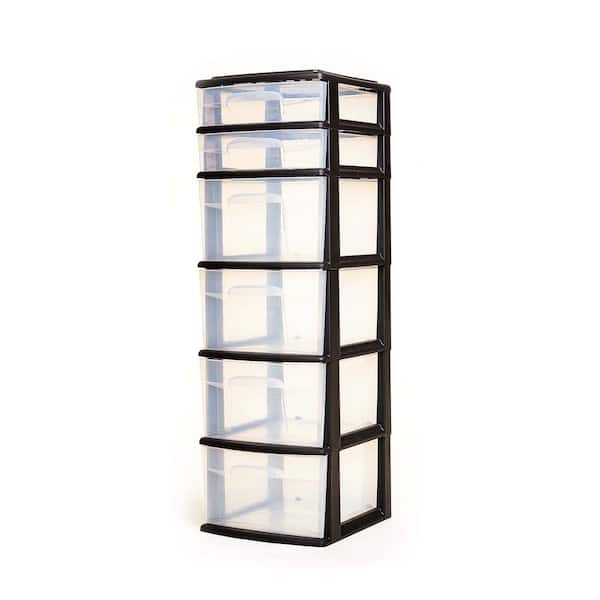 HOMZ Plastic 31.68 in. x 12.5 in. 6 Clear Drawer Medium Home Storage Container Tower, Black Frame