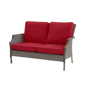 Grayson Ash Gray Wicker Outdoor Patio Loveseat with CushionGuard Chili Red Cushions