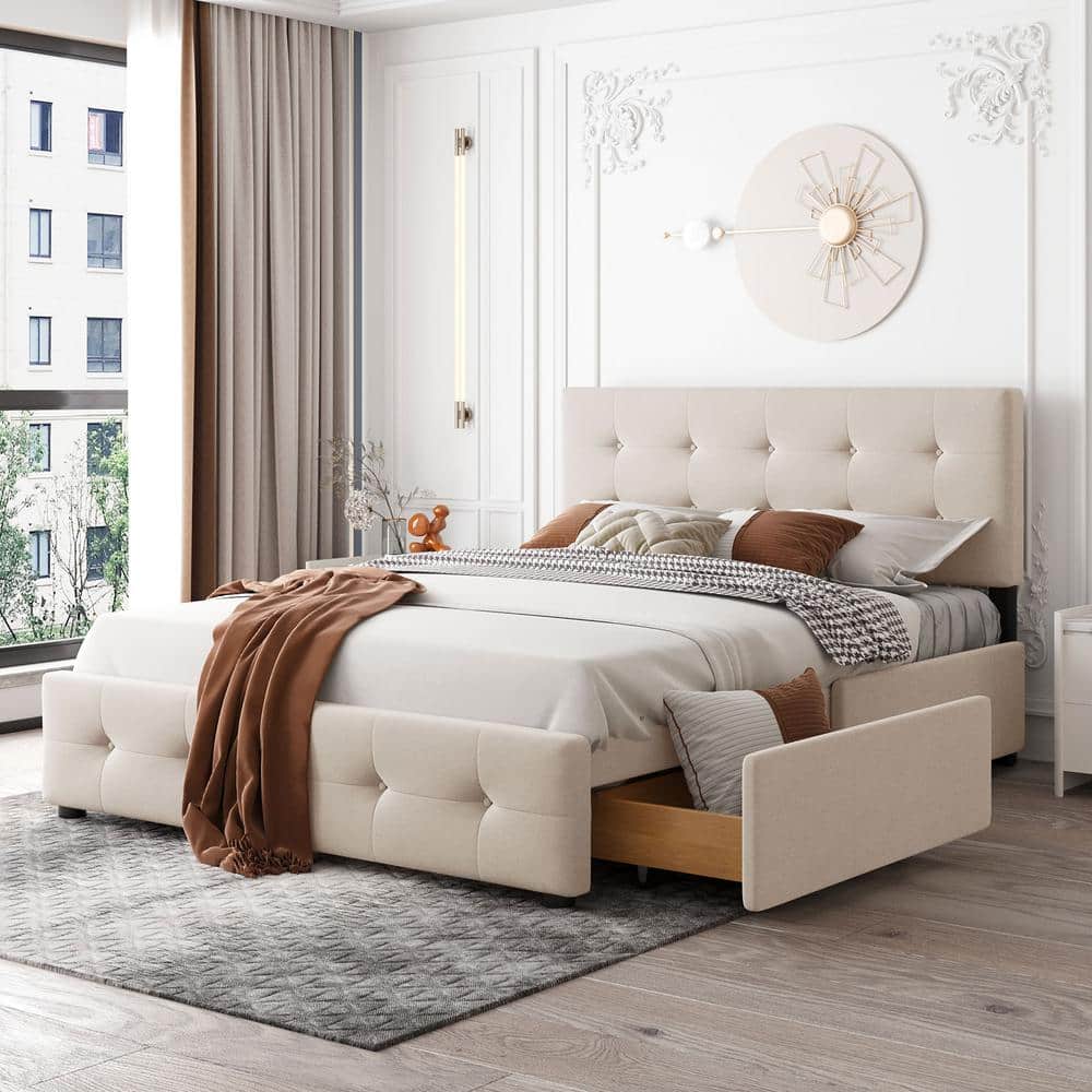 URTR 85 in. W Beige Queen Size Upholstered Platform Bed with 4 Drawers, Storage Platform Bed Frame with Tufted Headboard - 1