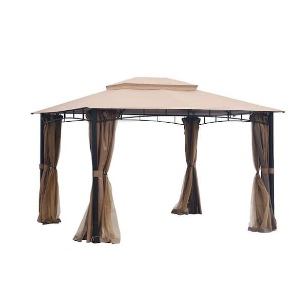 10 ft. x 12 ft. Soft Top Metal Grill Gazebo with Netting and Curtains, Double Roof Galvanized Steel Canopy for Backyard