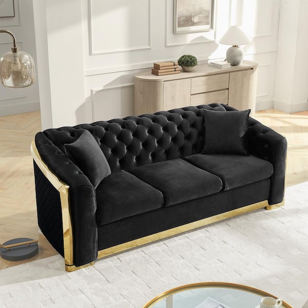 Najinca 83.9 in. W Rolled Arm Velvet Rectangle Sofa in Black with 2 Pillows and Gold Stainless Steel Accents