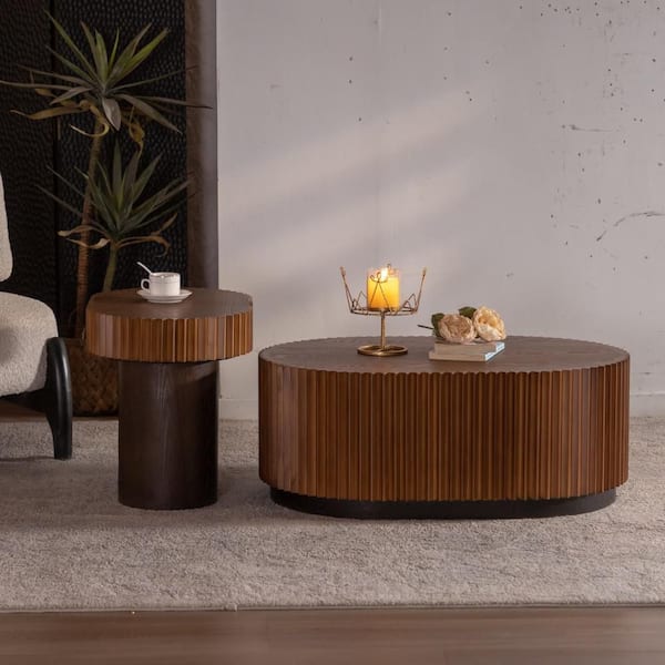 35 in. Brown Handcraft Round Wood Coffee Table (Set of 2), -Chic Wave Stripe Edge, Modern Stylish