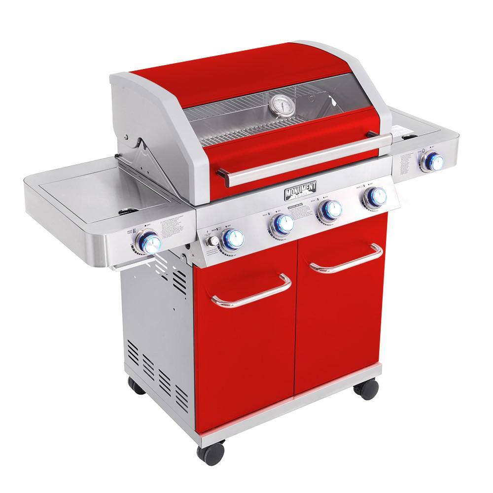 Red Stainless Steel 4-Burner Propane Gas Grill with Side Burner