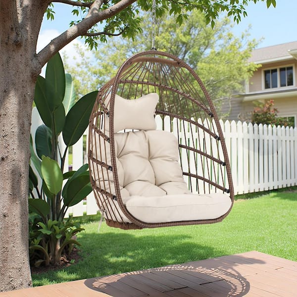 1-Person Brown PE Wicker Porch Swing Egg Chair with Beige Cushion