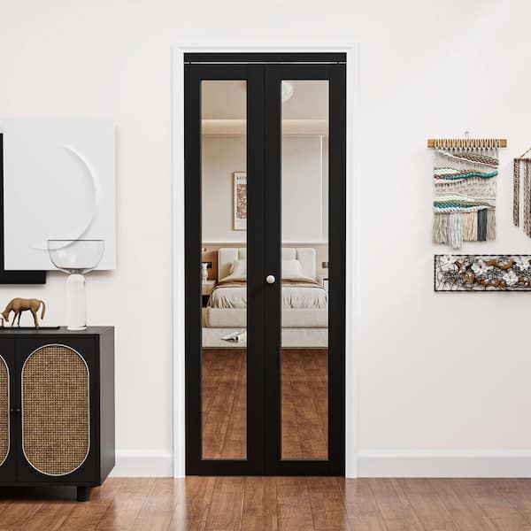 32 in. x 80 in. 1-Lite Mirrored Glass and Solid Core Black Finished Close MDF Bi-Fold Door with Hardware