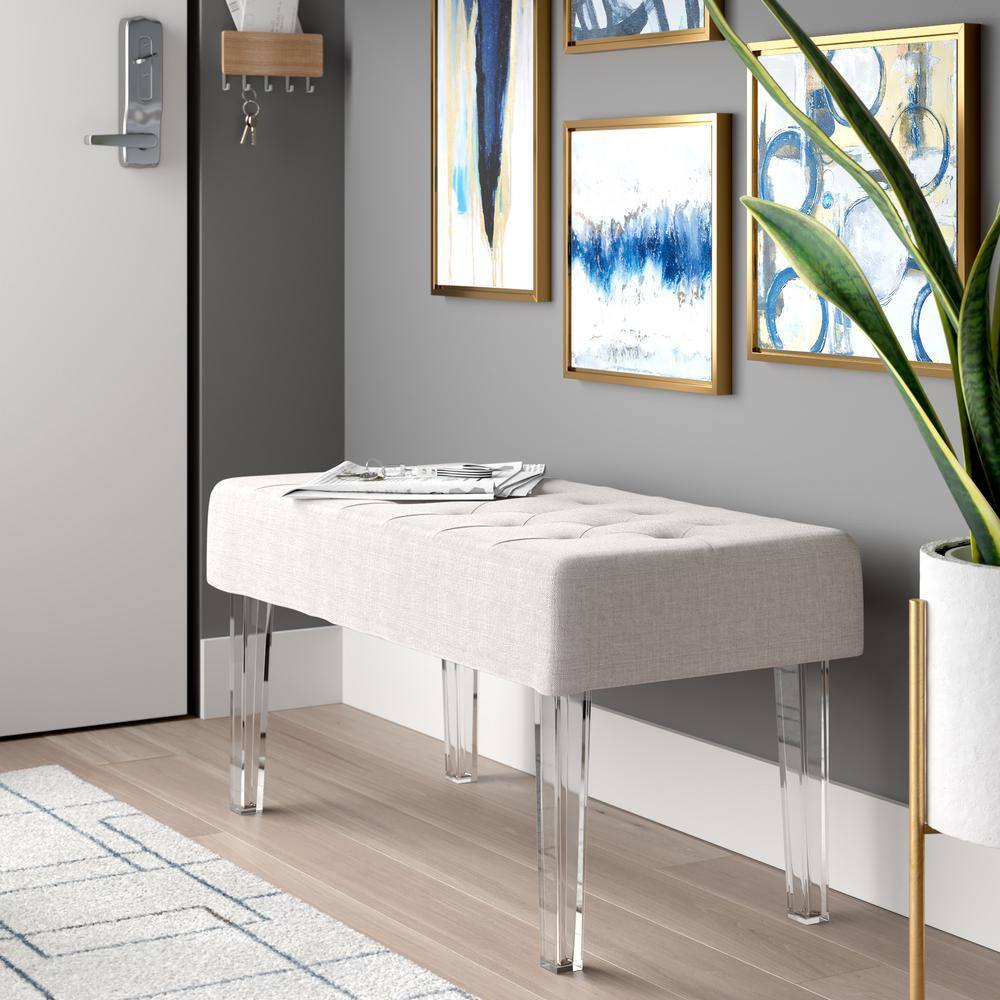 Ella White Tufted Linen Bench with Acrylic Legs